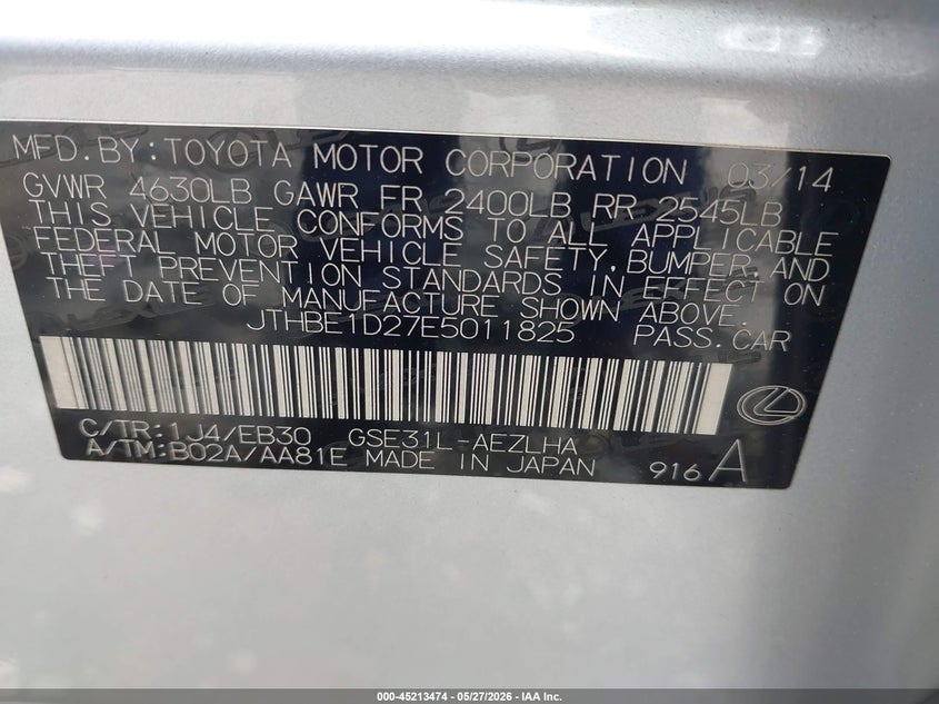 2014 Lexus Is VIN JTHBE1D27E5011825 IAAI salvage auction — FRONT END, Salvage (Georgia), sold $3,700 on 2026-07-09 (photo 9)