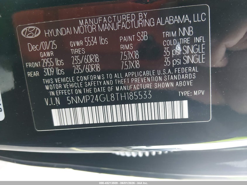 2026 Hyundai Santa fe VIN 5NMP24GL8TH185533 IAAI salvage auction — LEFT SIDE, Salvage Title, sold $10,300 on 2026-07-30 (photo 9)