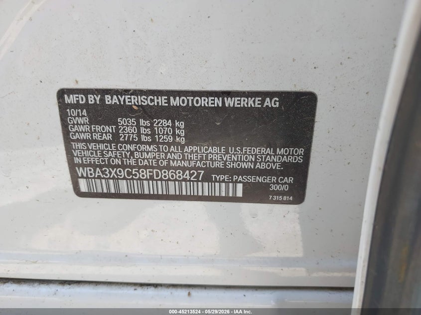 2015 BMW 3er VIN WBA3X9C58FD868427 IAAI salvage auction — FRESH WATER, Salvage Title, sold $350 on 2026-07-28 (photo 9)