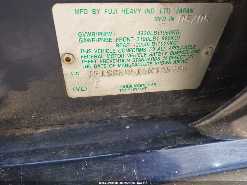 2006 Subaru Forester VIN JF1SG69616H706456 IAAI salvage auction — NORMAL WEAR, Clear (Illinois), sold $400 on 2026-07-21 (photo 9)