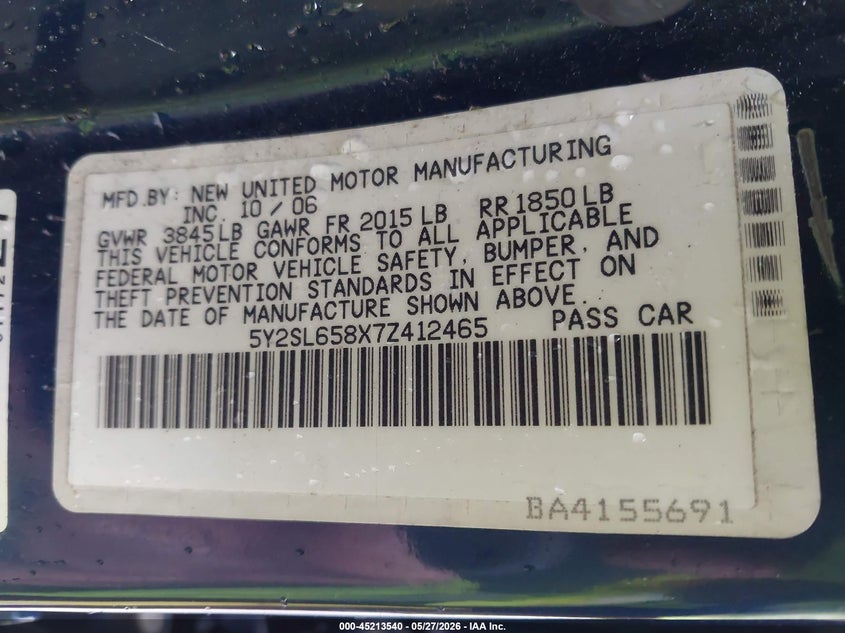 2007 Pontiac Vibe VIN 5Y2SL658X7Z412465 IAAI salvage auction — NORMAL WEAR, Original (Ohio), sold $750 on 2026-07-08 (photo 9)