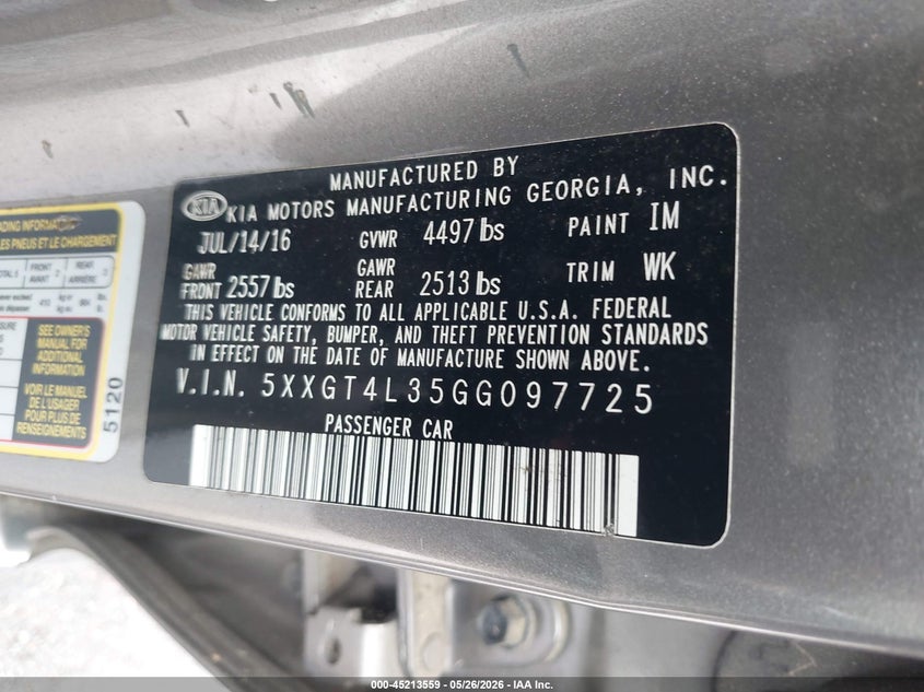 2016 Kia Optima VIN 5XXGT4L35GG097725 IAAI salvage auction — NORMAL WEAR, Clear (Tennessee), sold $1,250 on 2026-07-07 (photo 9)