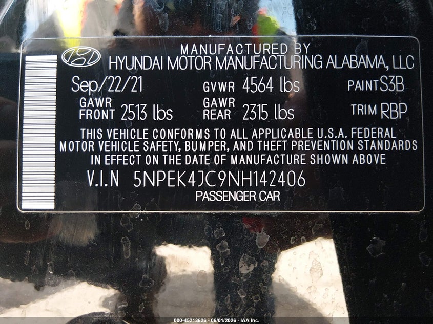 2022 Hyundai Sonata VIN 5NPEK4JC9NH142406 IAAI salvage auction — HAIL, Salvage Title, sold $8,300 on 2026-07-29 (photo 9)