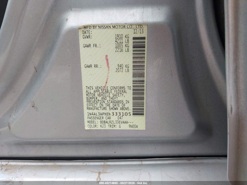 2014 Nissan Altima VIN 1N4AL3APXEN333105 IAAI salvage auction — LEFT FRONT, Salvage Title, sold $25 on 2026-07-27 (photo 9)