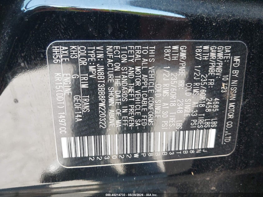 2023 Nissan Rogue VIN JN8BT3BB8PW220322 IAAI salvage auction — RIGHT SIDE, Salvage Title, sold $5,950 on 2026-07-21 (photo 9)