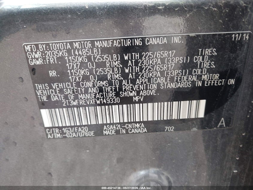 2015 Toyota Rav 4 VIN 2T3WFREVXFW149330 IAAI salvage auction — NORMAL WEAR, Salvage Title, sold $3,150 on 2026-07-23 (photo 9)