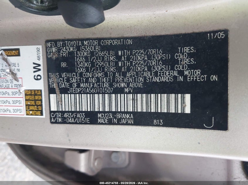 2006 Toyota Highlander VIN JTEDP21A560101507 IAAI salvage auction — NORMAL WEAR, Clear (Louisiana), sold $725 on 2026-07-14 (photo 9)