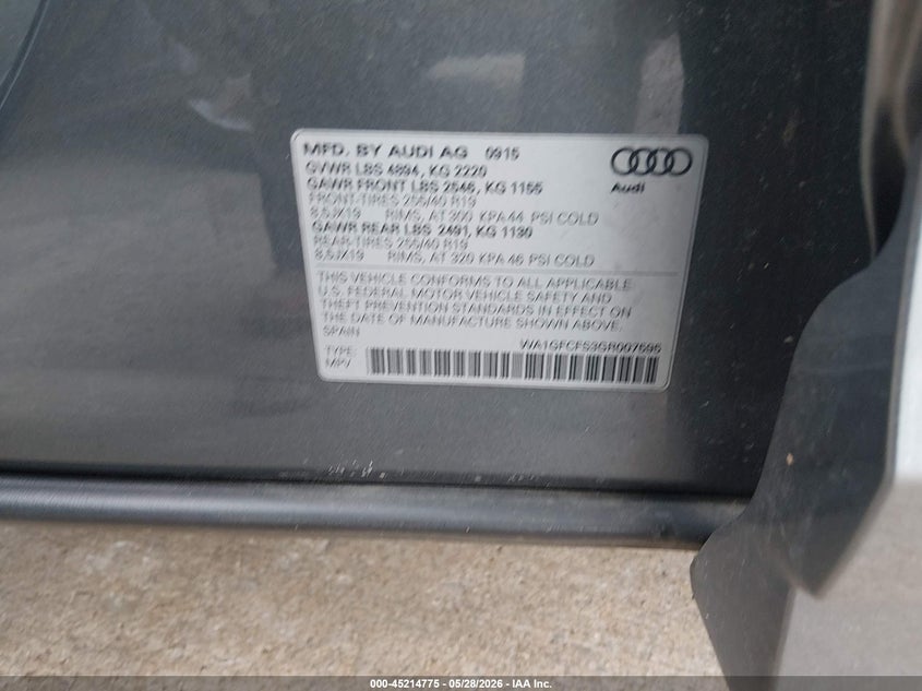 2016 Audi Q3 VIN WA1GFCFS3GR007595 IAAI salvage auction — LEFT FRONT, Salvage Title, sold $3,850 on 2026-08-02 (photo 9)