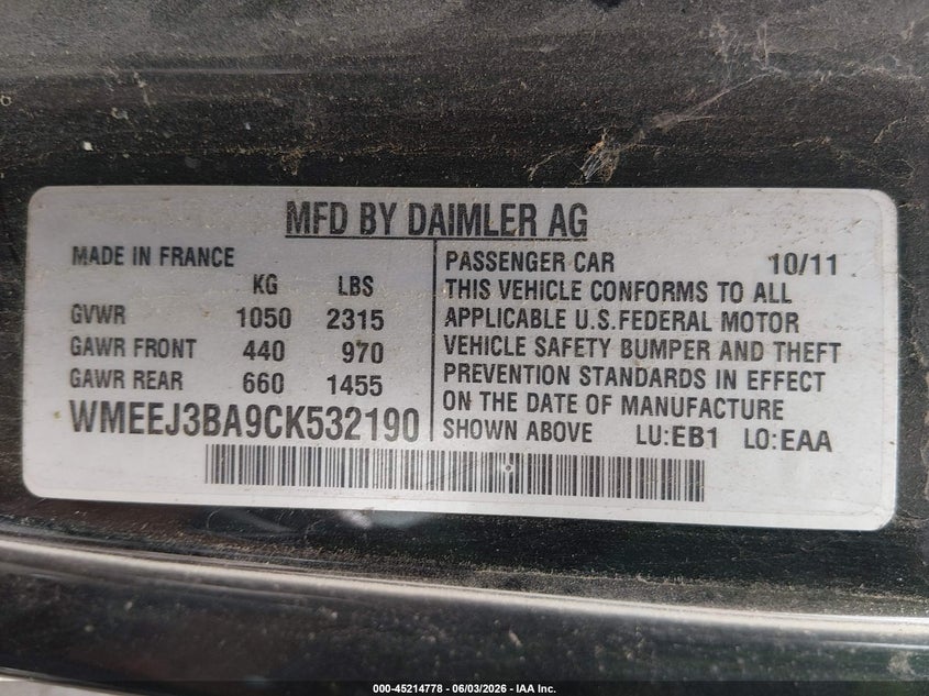 2012 Smart Fortwo VIN WMEEJ3BA9CK532190 IAAI salvage auction — NORMAL WEAR, Clear (Kansas), sold $425 on 2026-07-10 (photo 9)