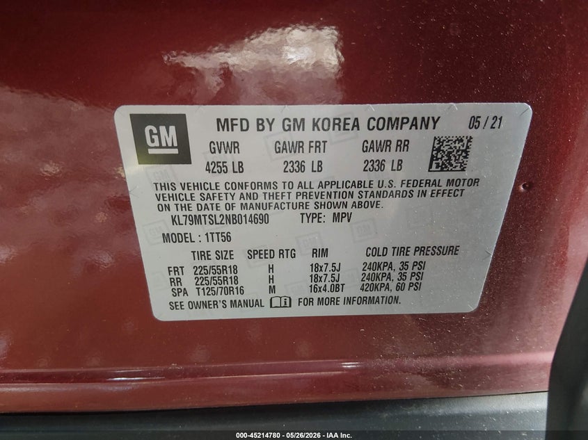 2022 Chevrolet Trailblazer VIN KL79MTSL2NB014690 IAAI salvage auction — FRONT END, Salvage Title, sold $3,275 on 2026-07-13 (photo 9)