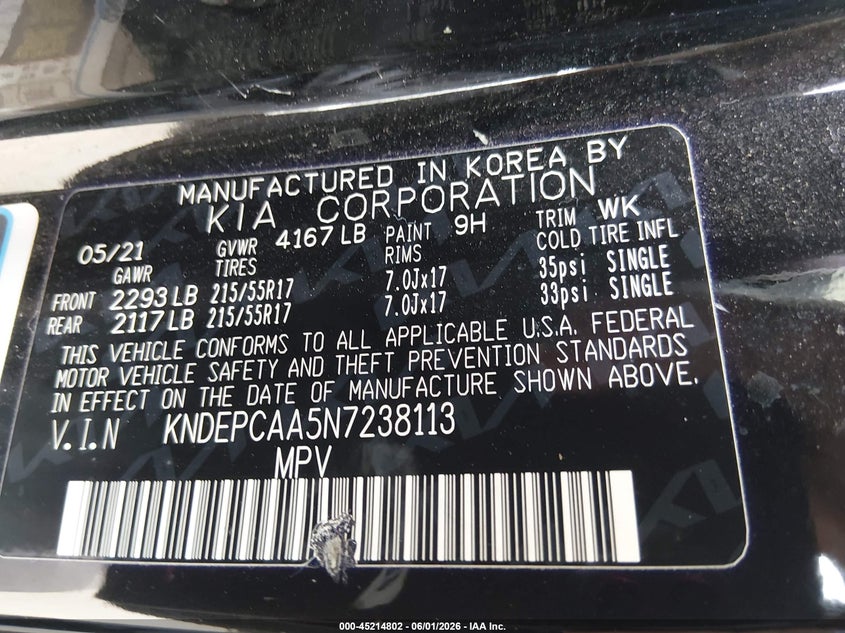 2022 Kia Seltos VIN KNDEPCAA5N7238113 IAAI salvage auction — HAIL, Salvage Title, sold $6,325 on 2026-07-07 (photo 9)
