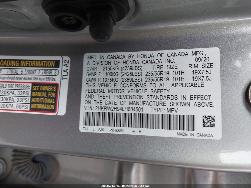 2020 Honda Cr-v VIN 2HKRW2H94LH684501 IAAI salvage auction — HAIL, Salvage Title, sold $9,900 on 2026-07-29 (photo 9)
