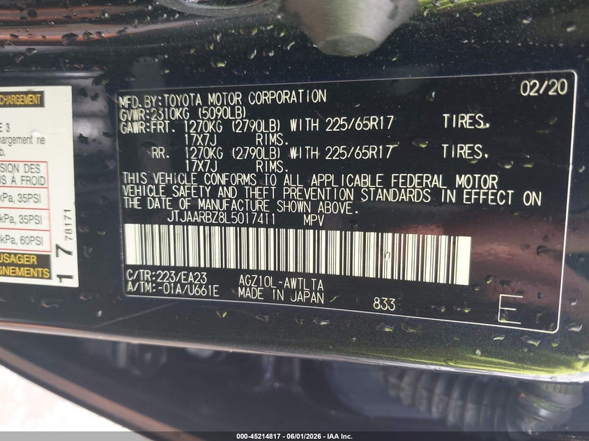 2020 Lexus Nx VIN JTJAARBZ8L5017411 IAAI salvage auction — ROLLOVER, Salvage Title, sold $3,600 on 2026-07-20 (photo 9)