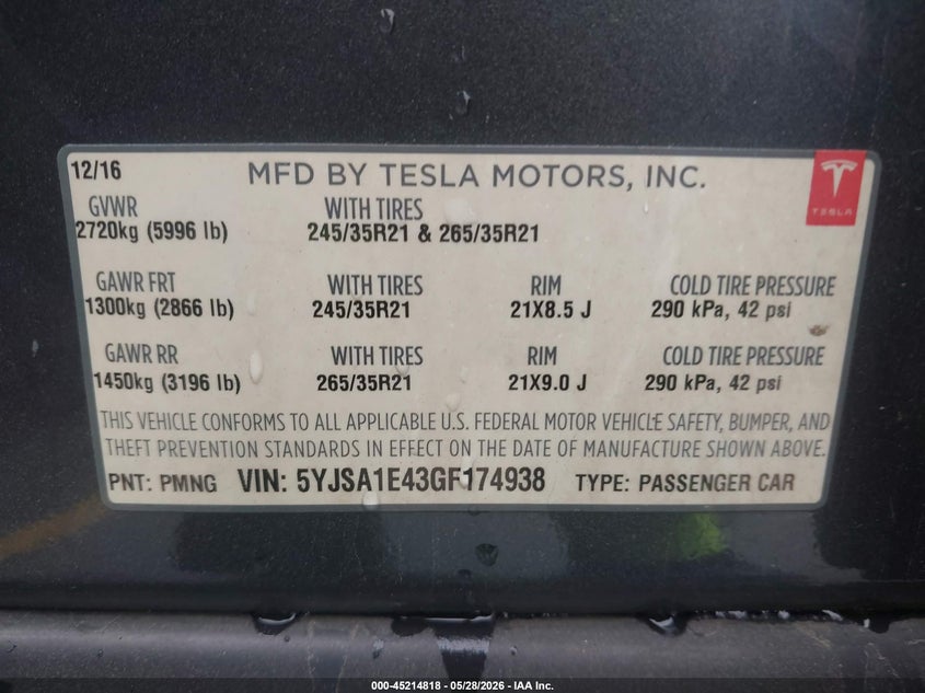 2016 Tesla Model s VIN 5YJSA1E43GF174938 IAAI salvage auction — FRONT END, Salvage (California), sold $4,850 on 2026-07-20 (photo 8)