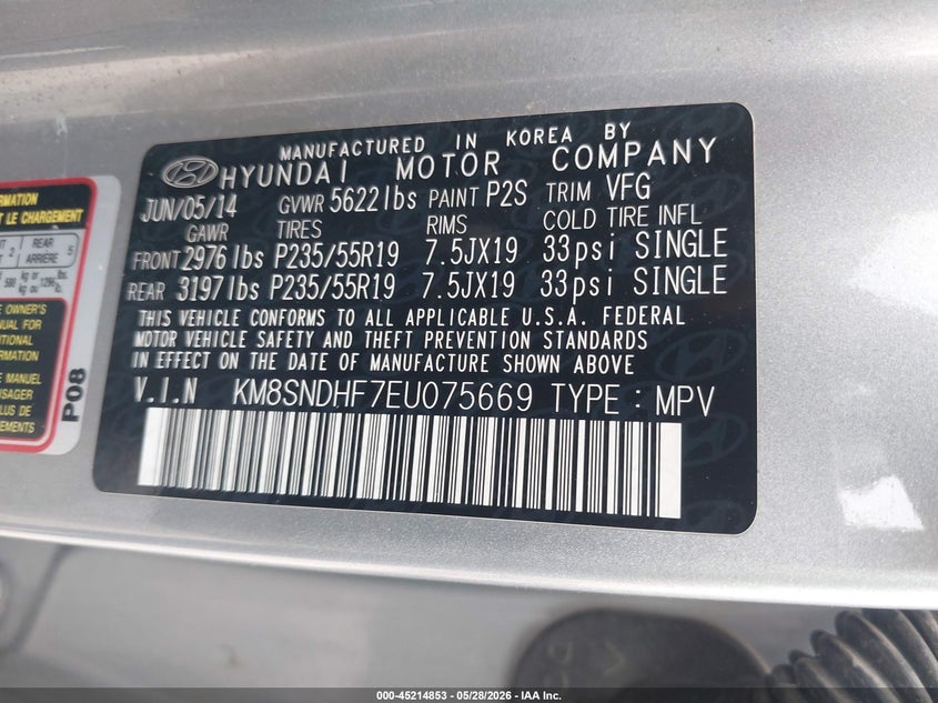 2014 Hyundai Santa fe VIN KM8SNDHF7EU075669 IAAI salvage auction — FRONT END, Salvage (Missouri), sold $2,050 on 2026-07-29 (photo 9)