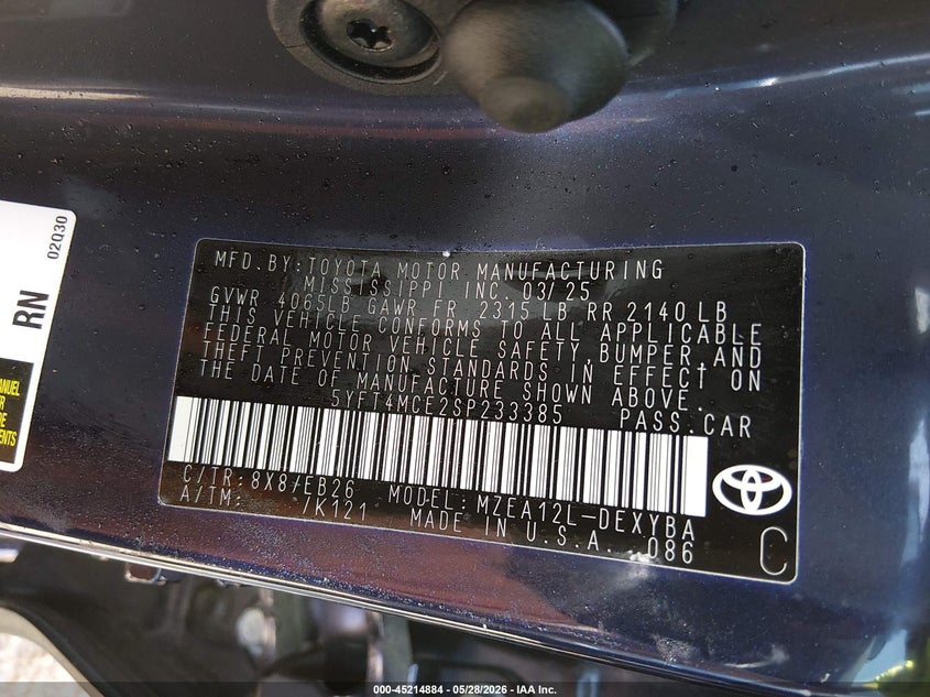 2025 Toyota Corolla VIN 5YFT4MCE2SP233385 IAAI salvage auction — FRONT & REAR, Salvage Title, sold $3,275 on 2026-07-20 (photo 9)