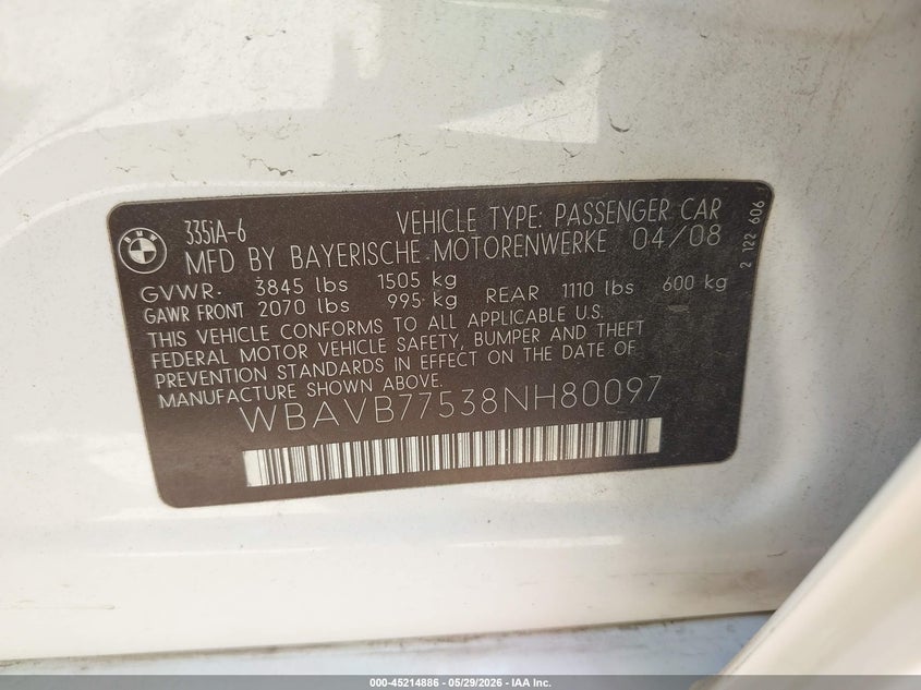 2008 BMW 3 series VIN WBAVB77538NH80097 IAAI salvage auction — UNKNOWN, Original (Texas), sold $125 on 2026-07-28 (photo 9)