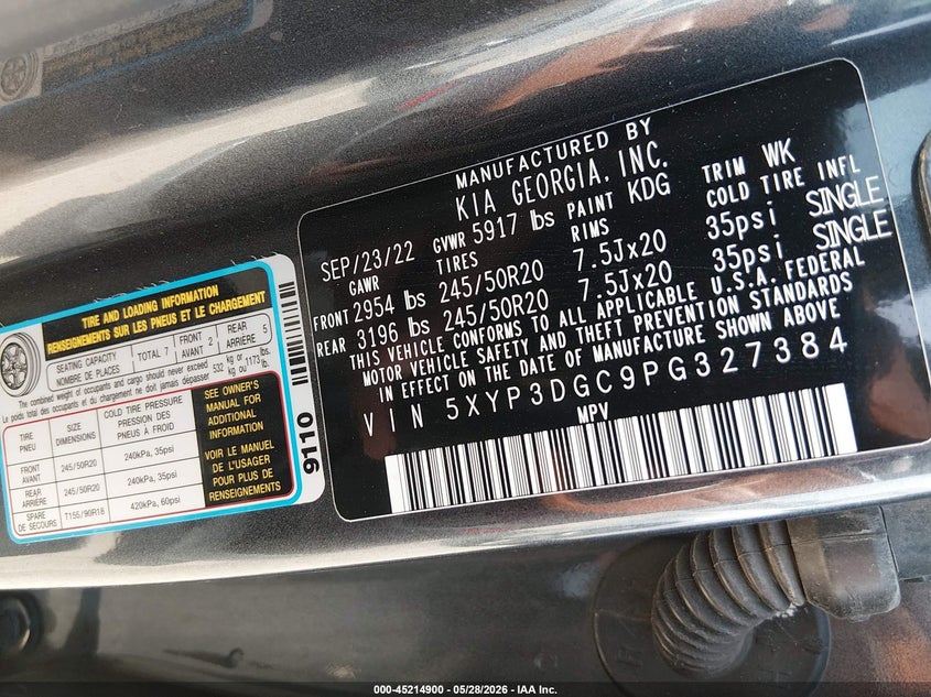 2023 Kia Telluride VIN 5XYP3DGC9PG327384 IAAI salvage auction — HAIL, Salvage Title, sold $16,675 on 2026-07-13 (photo 9)