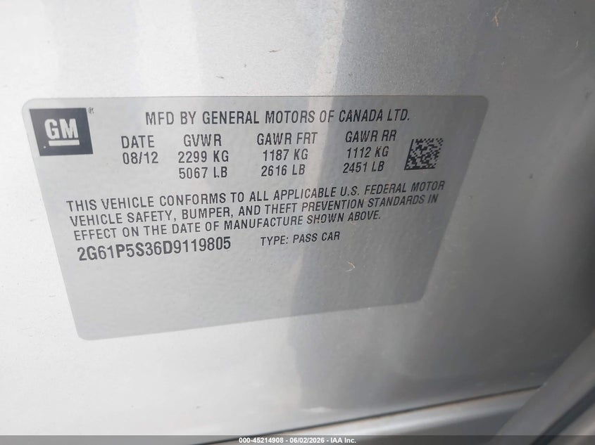 2013 Cadillac Xts VIN 2G61P5S36D9119805 IAAI salvage auction — HAIL, Clear (Oklahoma), sold $7,050 on 2026-08-05 (photo 9)