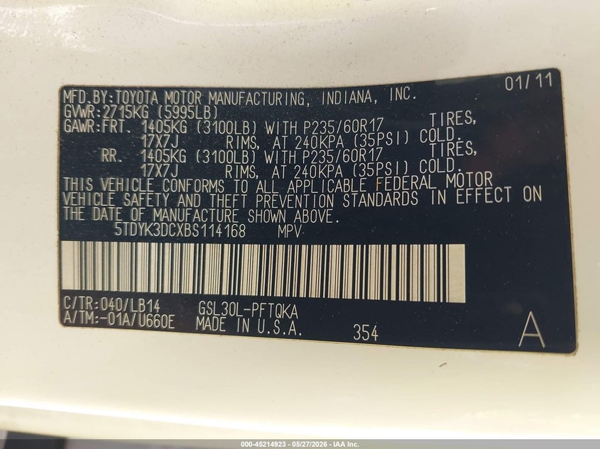 2011 Toyota Sienna VIN 5TDYK3DCXBS114168 IAAI salvage auction — REAR END, Salvage (California), sold $4,050 on 2026-08-02 (photo 9)