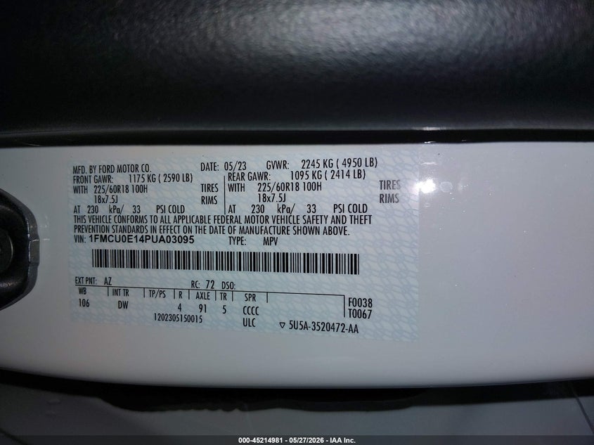 2023 Ford Escape VIN 1FMCU0E14PUA03095 IAAI salvage auction — REAR END, Salvage Title, sold $13,400 on 2026-07-30 (photo 9)