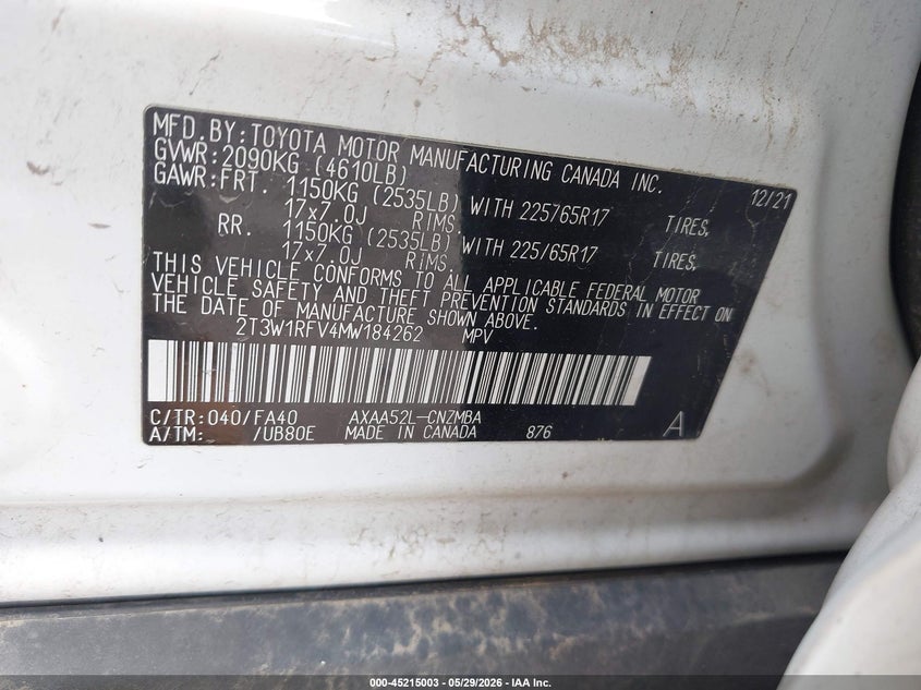 2021 Toyota Rav 4 VIN 2T3W1RFV4MW184262 IAAI salvage auction — FRONT & REAR, Salvage Title, sold $7,200 on 2026-07-27 (photo 9)