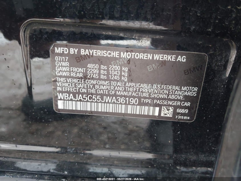 2018 BMW 5er VIN WBAJA5C55JWA36190 IAAI salvage auction — ROOF, Salvage Title, sold $6,825 on 2026-07-30 (photo 9)