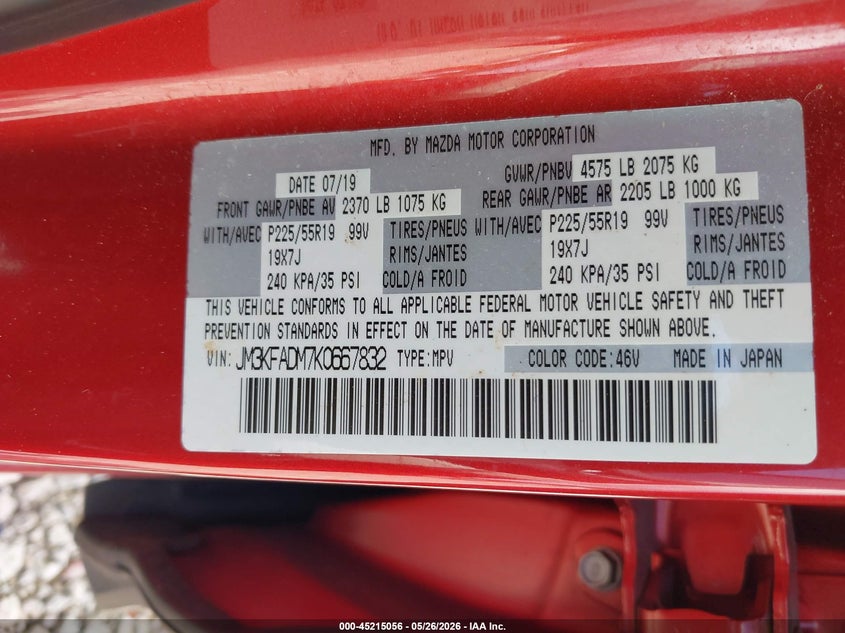 2019 Mazda Cx-5 VIN JM3KFADM7K0667832 IAAI salvage auction — FRONT END, Salvage Title, sold $6,700 on 2026-07-14 (photo 9)