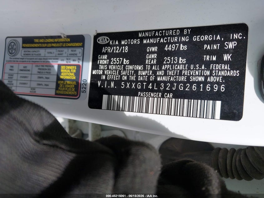 2018 Kia Optima VIN 5XXGT4L32JG261696 IAAI salvage auction — THEFT, Mv-907A (New York), sold $1,300 on 2026-07-14 (photo 9)