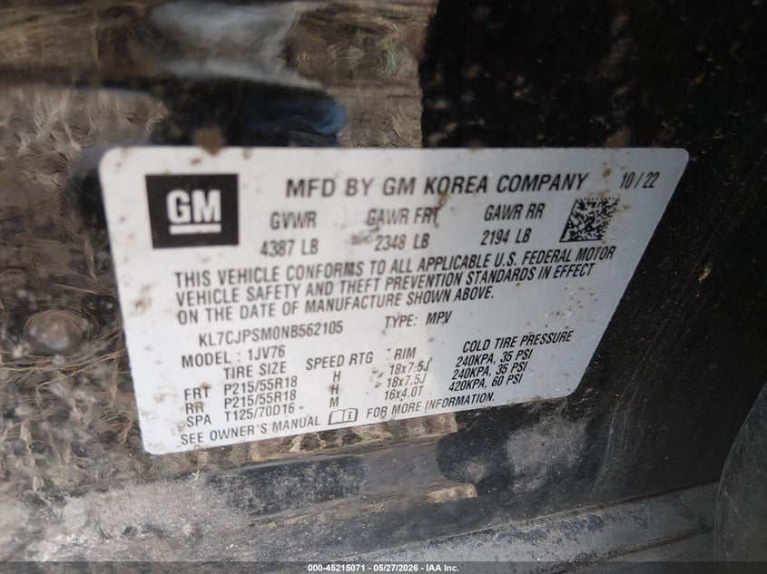 2022 Chevrolet Trax VIN KL7CJPSM0NB562105 IAAI salvage auction — RIGHT FRONT, Salvage (Ohio), sold $1,300 on 2026-07-28 (photo 9)