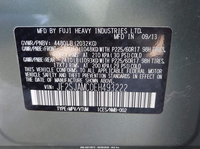 2014 Subaru Forester VIN JF2SJAMC0EH493222 IAAI salvage auction — LEFT REAR, Salvage (Pennsylvania), sold $1,500 on 2026-07-24 (photo 9)