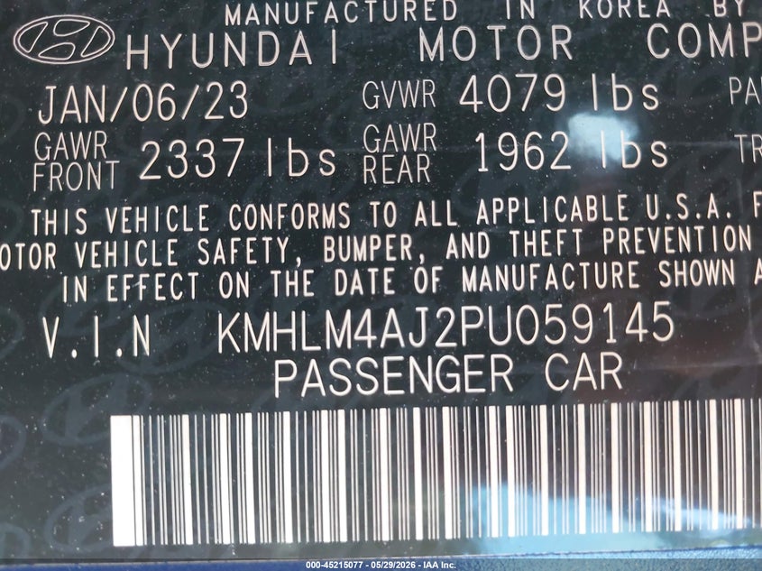 2023 Hyundai Elantra VIN KMHLM4AJ2PU059145 IAAI salvage auction — FRONT END, Salvage Title, sold $1,875 on 2026-07-14 (photo 9)