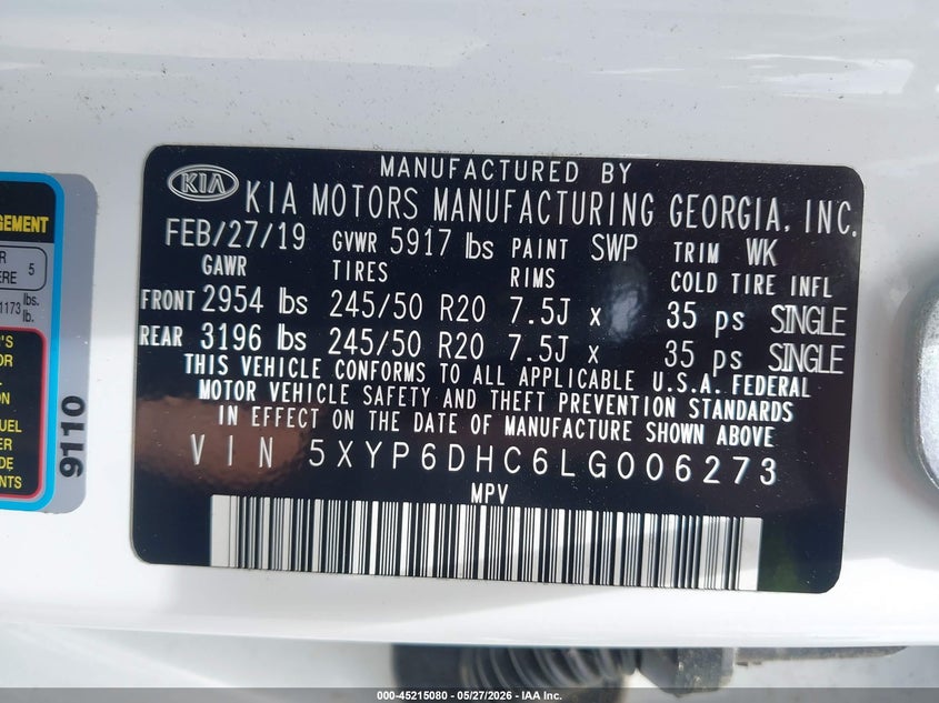 2020 Kia Telluride VIN 5XYP6DHC6LG006273 IAAI salvage auction — FRONT END, Salvage Title, sold $4,850 on 2026-07-24 (photo 9)