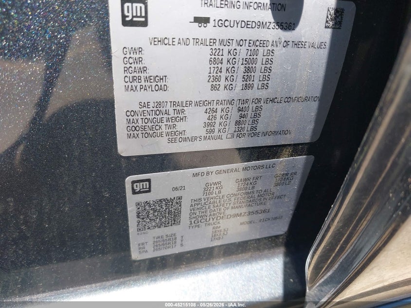 2021 Chevrolet Silverado VIN 1GCUYDED9MZ355361 IAAI salvage auction — LEFT SIDE, Salvage (Vermont), sold $25 on 2026-07-29 (photo 9)