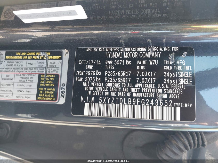 2015 Hyundai Santa fe VIN 5XYZTDLB9FG243652 IAAI salvage auction — LEFT FRONT, Salvage (Ohio), sold $1,725 on 2026-07-07 (photo 9)
