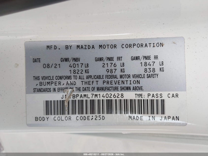 2021 Mazda 3 VIN JM1BPAML7M1402628 IAAI salvage auction — ROLLOVER, Salvage Title, sold $1,100 on 2026-07-11 (photo 9)