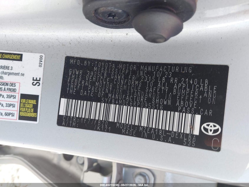 2024 Toyota Corolla VIN 5YFB4MDE6RP095516 IAAI salvage auction — FRONT & REAR, Salvage (Georgia), sold $4,150 on 2026-07-27 (photo 9)