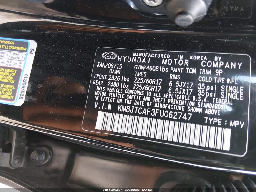 2015 Hyundai Tucson VIN KM8JTCAF3FU062747 IAAI salvage auction — FRONT END, Salvage Title, sold $1,225 on 2026-07-20 (photo 9)
