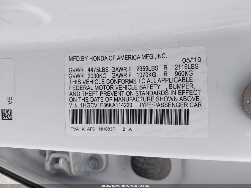 2019 Honda Accord VIN 1HGCV1F36KA114220 IAAI salvage auction — HAIL, Clear (Missouri), sold $9,100 on 2026-07-27 (photo 9)