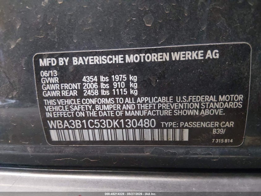2013 BMW 3er VIN WBA3B1C53DK130480 IAAI salvage auction — FRONT END, Salvage Title, sold $300 on 2026-07-09 (photo 9)