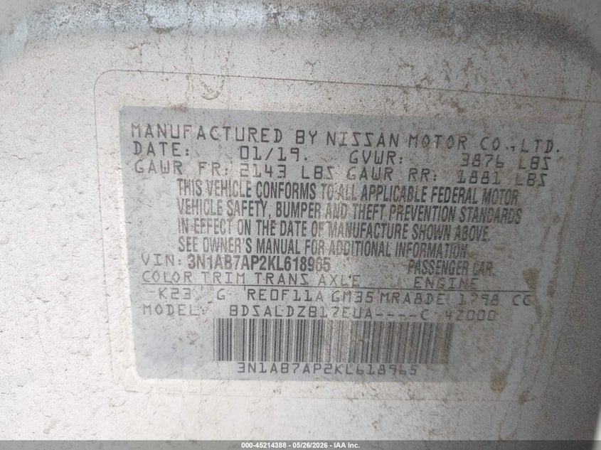 2019 Nissan Sentra VIN 3N1AB7AP2KL618965 IAAI salvage auction — FRONT END, Salvage Title, sold $1,600 on 2026-07-23 (photo 9)