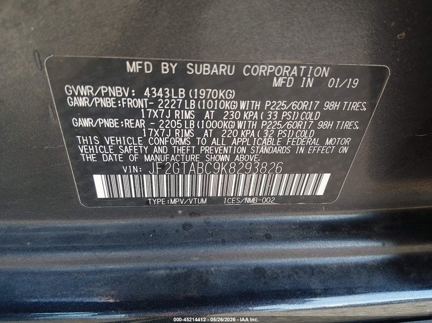 2019 Subaru Xv VIN JF2GTABC9K8293826 IAAI salvage auction — LEFT FRONT, Salvage Title, sold $1,475 on 2026-07-10 (photo 9)