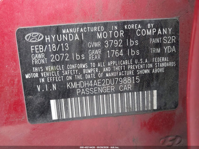 2013 Hyundai Elantra VIN KMHDH4AE2DU798815 IAAI salvage auction — NORMAL WEAR, Clear (Washington), sold $725 on 2026-07-15 (photo 9)