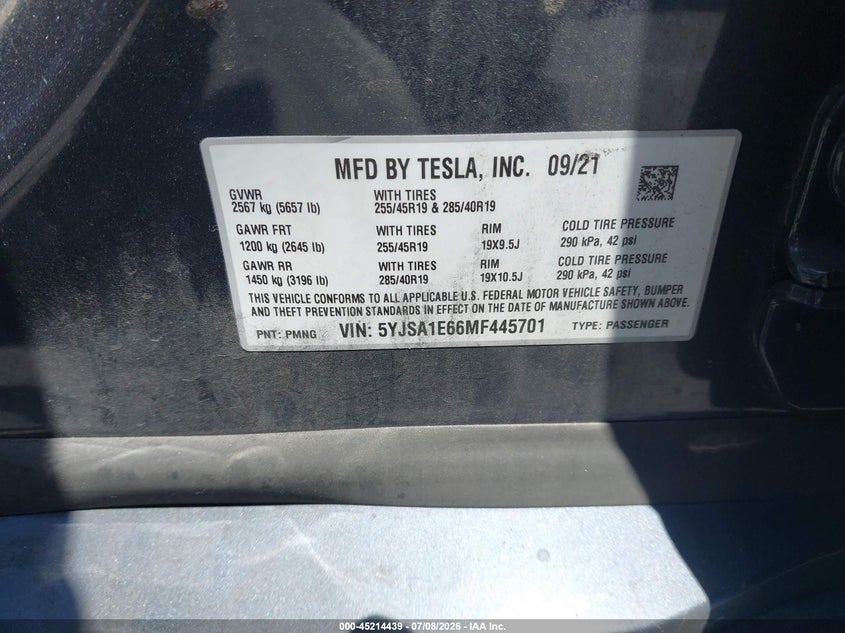 2021 Tesla Model s VIN 5YJSA1E66MF445701 IAAI salvage auction — SIDE, Clear (California), sold $31,250 on 2026-07-16 (photo 9)