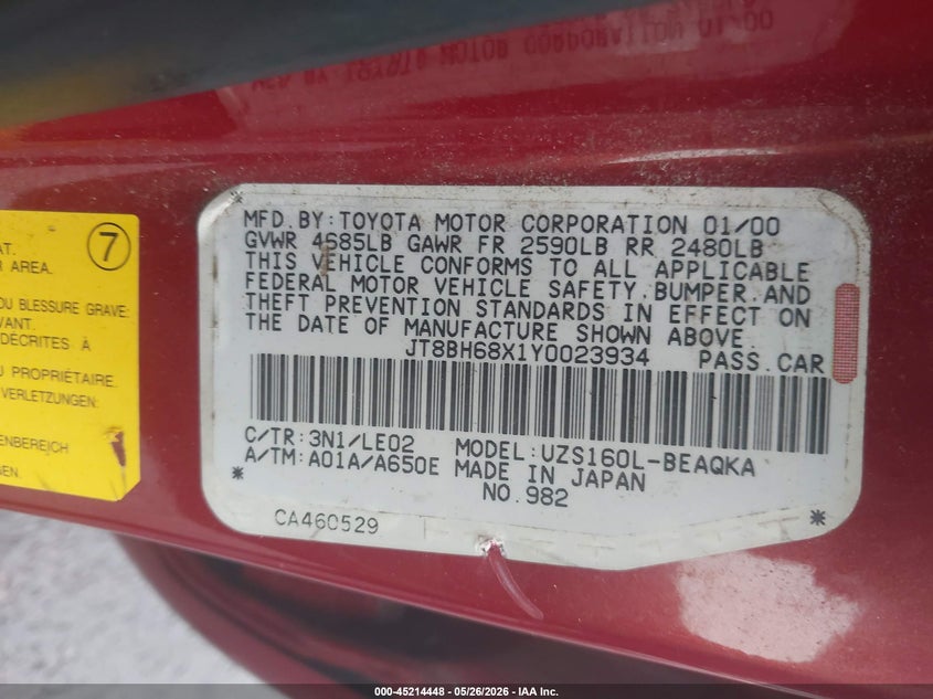 2000 Lexus Gs 400 VIN JT8BH68X1Y0023934 IAAI salvage auction — FRONT END, Repossession Paperwork (Georgia), sold $275 on 2026-07-22 (photo 9)