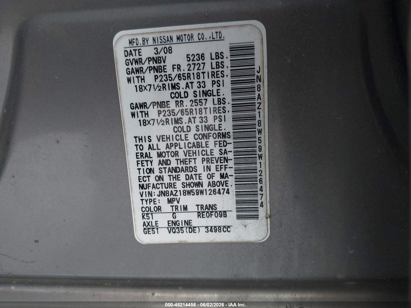 2009 Nissan Murano VIN JN8AZ18W59W126474 IAAI salvage auction — FRONT & REAR, Repossession Paperwork (Georgia), sold $325 on 2026-07-22 (photo 9)