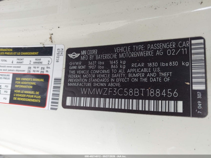2011 Mini Cooper clubman VIN WMWZF3C58BT188456 IAAI salvage auction — HAIL, Original (Texas), sold $1,100 on 2026-07-14 (photo 9)