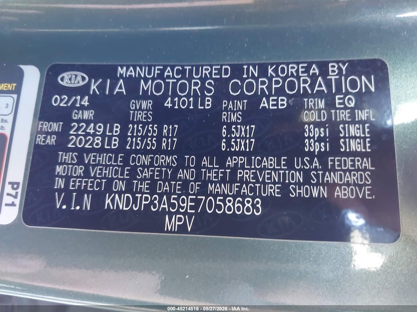 2014 Kia Soul VIN KNDJP3A59E7058683 IAAI salvage auction — THEFT, Salvage Title, sold $1,400 on 2026-07-07 (photo 9)