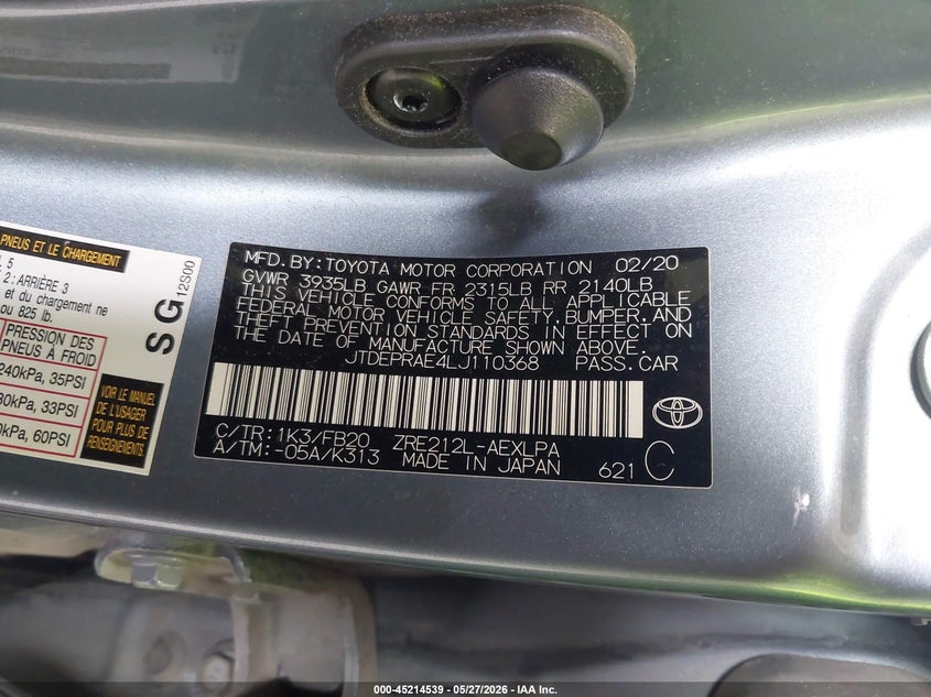 2020 Toyota Corolla VIN JTDEPRAE4LJ110368 IAAI salvage auction — FRONT END, Salvage Title, sold $850 on 2026-07-15 (photo 9)