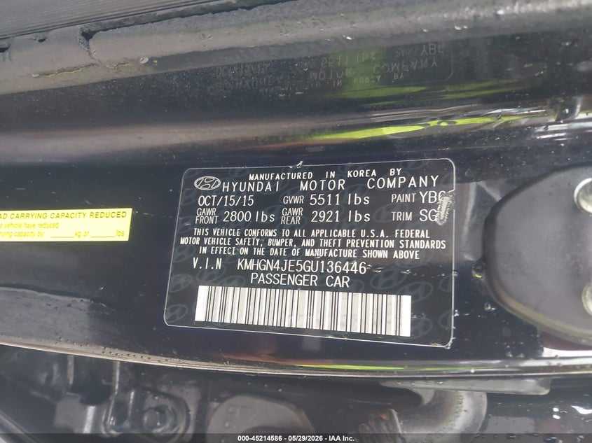 2016 Hyundai Genesis VIN KMHGN4JE5GU136446 IAAI salvage auction — FRONT END, Salvage Title, sold $2,100 on 2026-07-14 (photo 9)